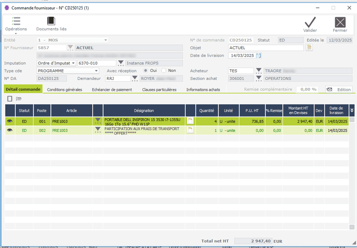 Commande fournisseur dans le l'ERP HexaOpale Commande fournisseur dans le l'ERP HexaOpale