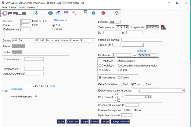 Consultation des comptes et journaux dans logiciel ERP HexaOpale