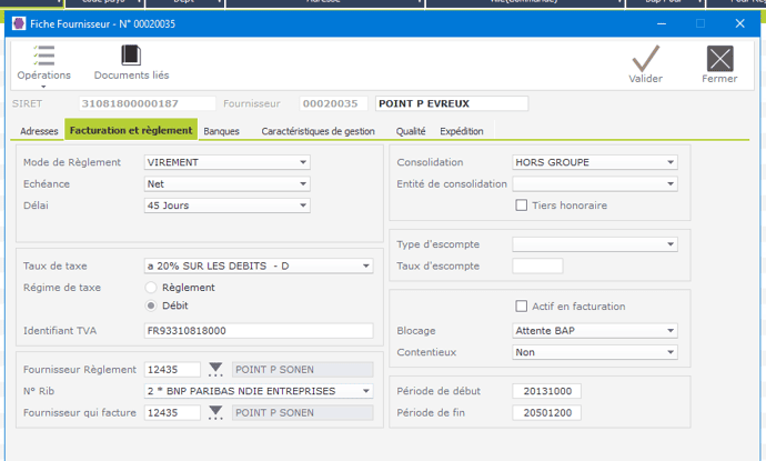 Une fiche fournisseur dans le logiciel ERP HexaOpale Une fiche fournisseur dans le logiciel ERP HexaOpale